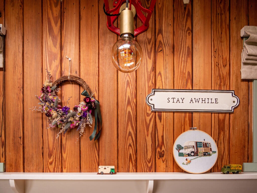 Vintage decorations in The Oat Box, an unusual place to stay in Northern Ireland.