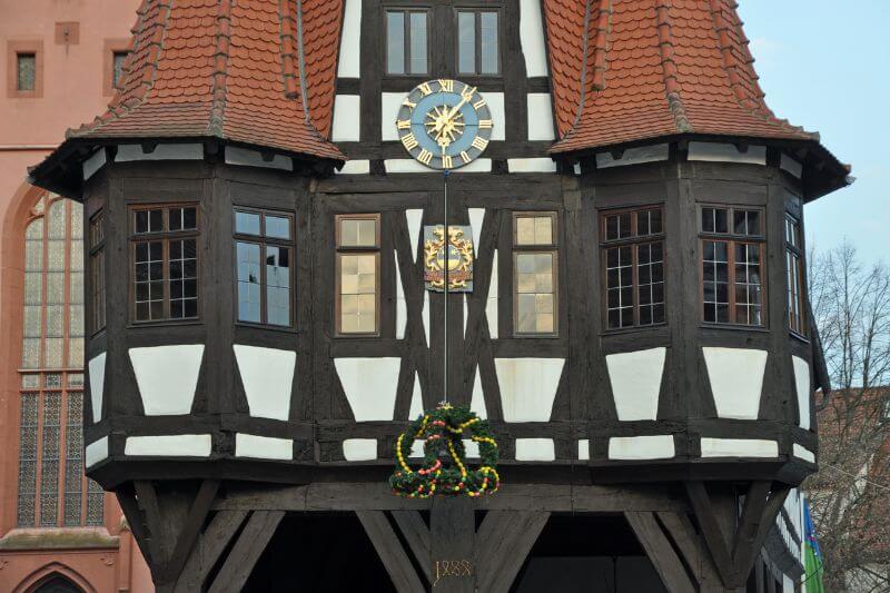 Close-up of Michelstadt’s Rathaus with its intricate timber framing and historic details.