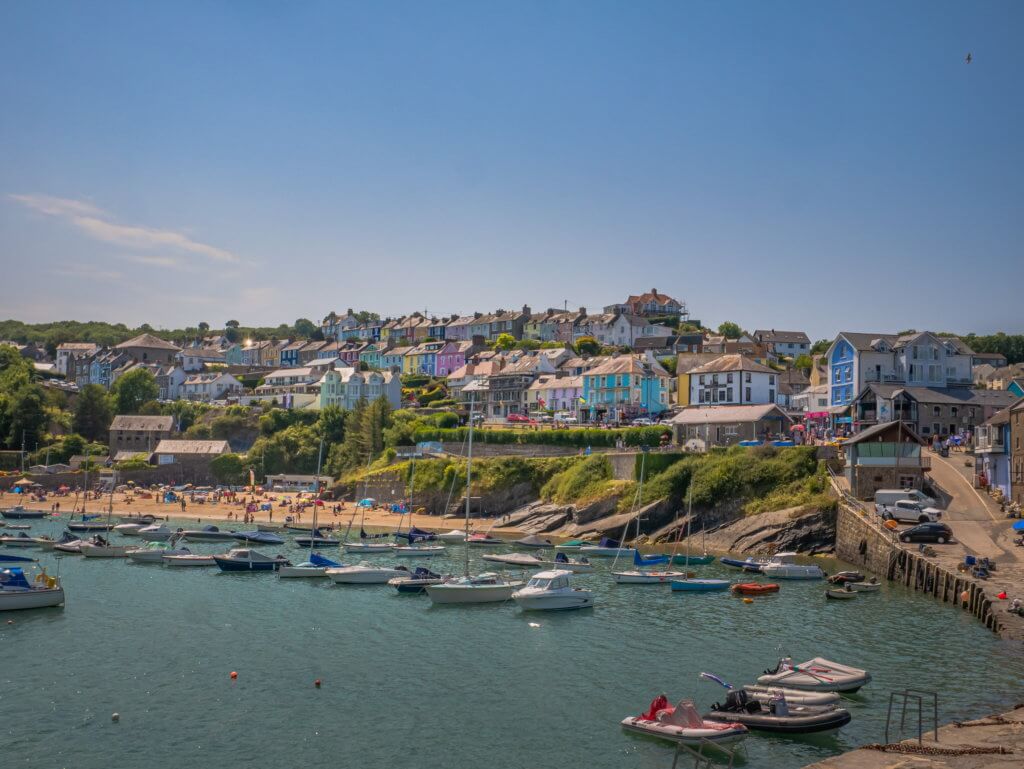 Boats in the harbour at New Quay beach town in Wales