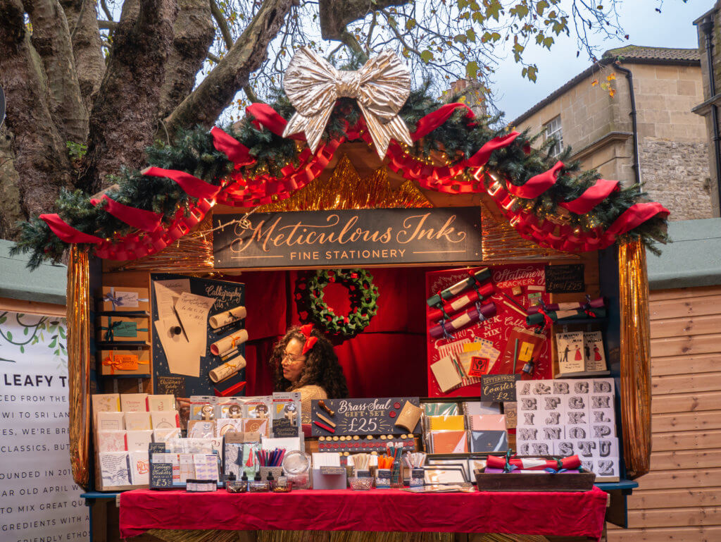 Wooden chalet selling handmade goods at Bath Christmas Market