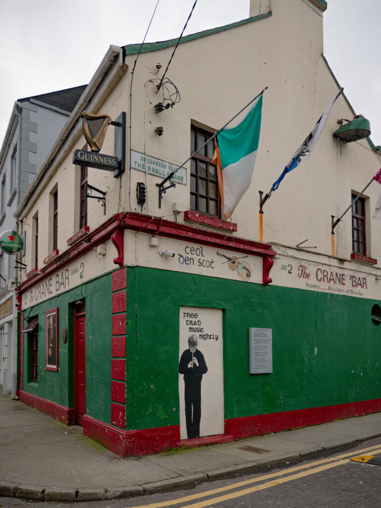 Exterior of The Crane Bar in Galway's West End, the best pub for traditional Irish music in Galway, Ireland.