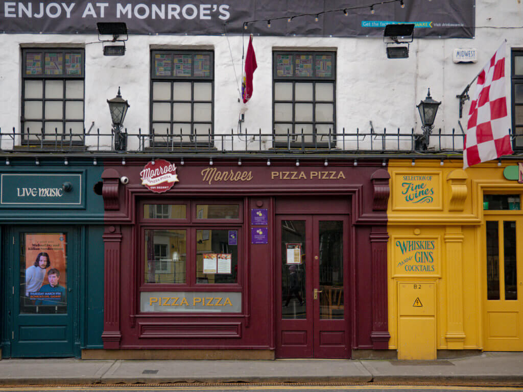 Exterior of Monroe's Pizza attached to Monroe's Tavern a live music venue in Galway city.
