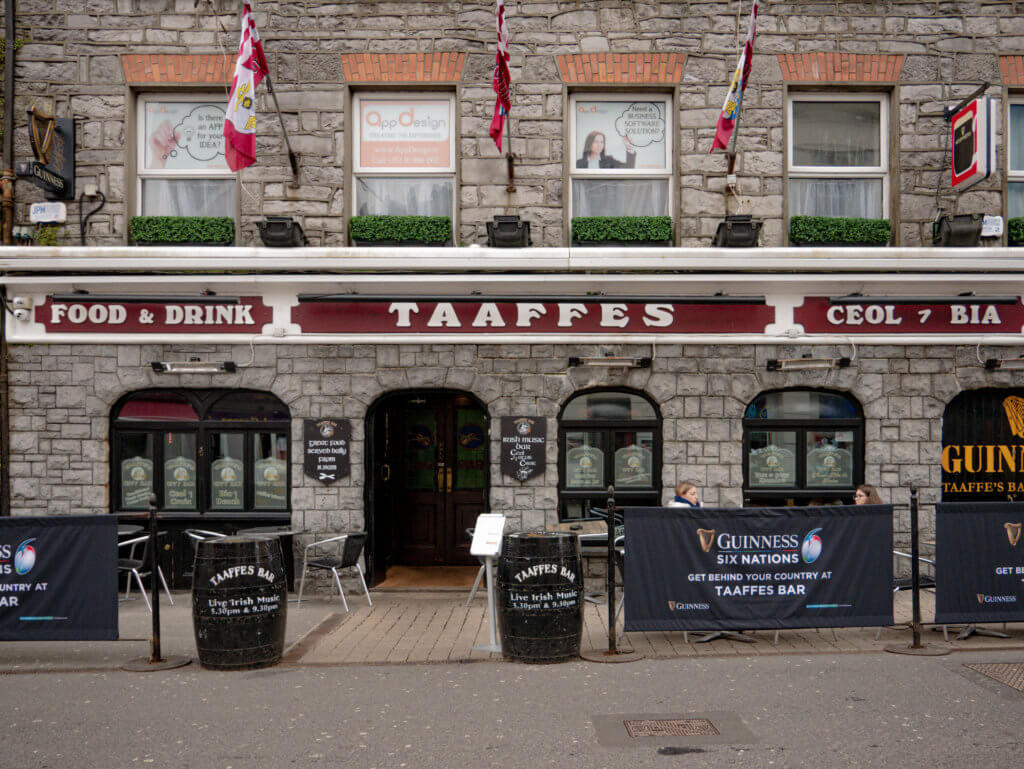 Exterior of Taaffes pub in Galway city, one of the best pubs in Galway for a trad session.