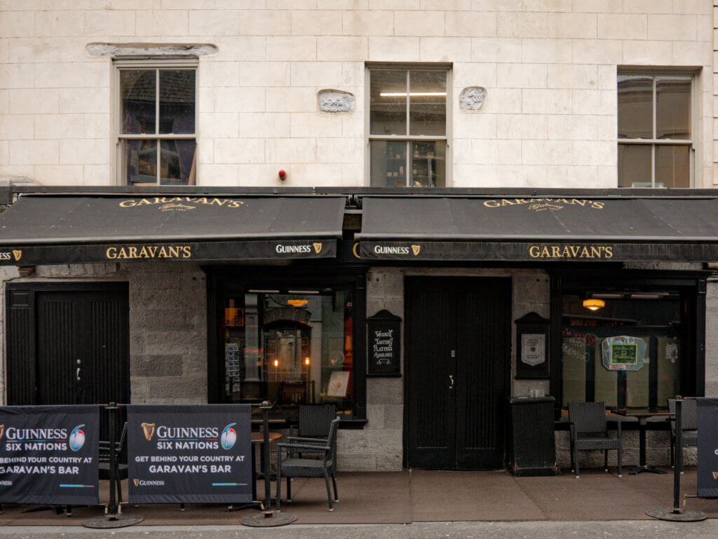 Exterior shot of Garavan's pub in Galway, a great spot for lively music.