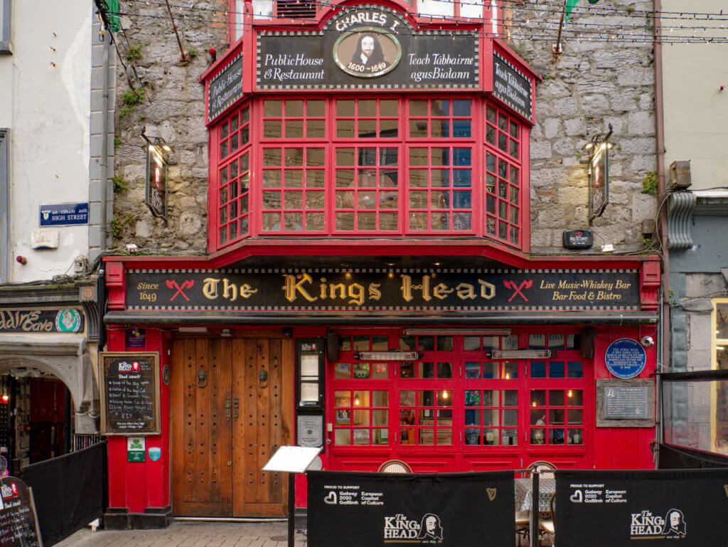 An exterior shot of The King's Head Pub in Galway, one of the oldest pubs in Galway.
