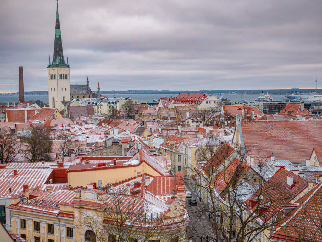 Panoramic view of Tallinn in winter. An expansive, high-angle view overlooking the red-tiled rooftops of Tallinn's Old Town, Estonia, lightly dusted with snow. In the upper left, the tall, slender green spire of St. Olaf’s Church stands prominently against a grey, overcast sky. The dense collection of historic buildings in the foreground features various shades of cream and yellow, with the Gulf of Tallinn and several large cruise ships visible in the distance. A narrow street winds between the buildings below, and bare tree branches frame the right side of the image.