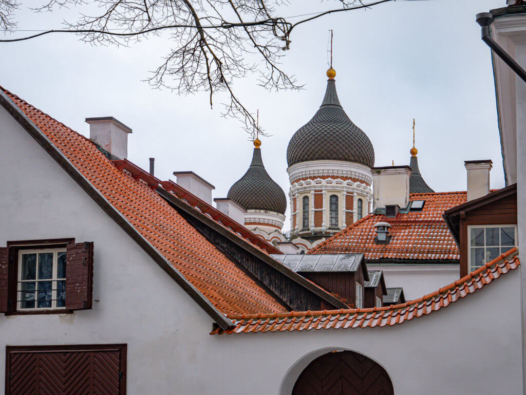 A medium-shot, slightly low-angle photograph shows the black, textured onion domes of the Alexander Nevsky Cathedral rising above a cluster of white buildings in Tallinn, Estonia. In the foreground, the steep, orange-tiled roofs of several houses are dusted with a light layer of snow, with one house featuring a dark brown wooden window shutter. The cathedral towers in the background, showing intricate white architectural detailing and arched windows beneath the prominent domes, all set against a flat, overcast grey sky.