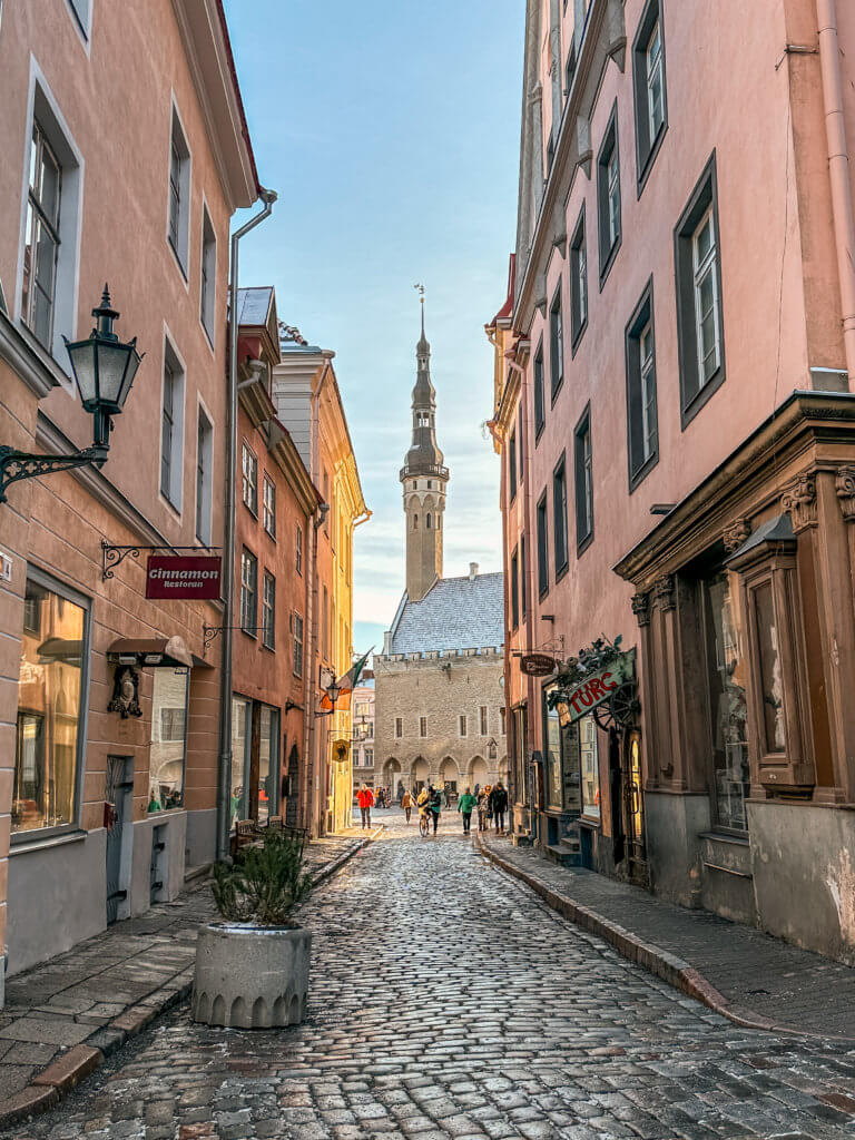 Medieval streets of Old Town Tallinn during winter time. A vertical shot looking down a narrow, sunlit cobblestone street in Tallinn, Estonia, toward the historic Town Hall. The Town Hall stands in the background, featuring a grey stone facade, an arcade of arches at the base, and a tall, slender octagonal spire topped with a weather vane.
The street is lined with multi-story buildings in shades of peach and pink. On the left, a red sign for "Cinnamon Restoran" hangs from a wall, and on the right, a sign for "TURG" is visible above a shop window. Several people are walking down the street toward the Town Hall square under a clear, pale blue sky.