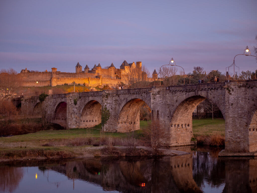 Pont Vieux bridge in Carcassonne at dusk