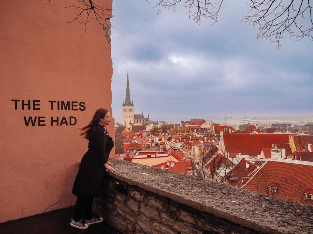 The times we had sign in Tallinn. In this final wide-angle shot, a person stands on the same stone overlook, gazing out over the city of Tallinn. The graffiti from the previous image has been replaced by a clean, salmon-colored wall with the minimalist black text: "THE TIMES WE HAD."
The panoramic background remains consistent under a moody, purple-tinted sky:
The skyline is dominated by the St. Olaf’s Church spire.
A vast expanse of red-tiled roofs creates a warm contrast to the cool sky.
The far horizon shows the Baltic Sea and the distant harbor.
Bare tree branches frame the top of the image, adding a sense of wintery stillness.