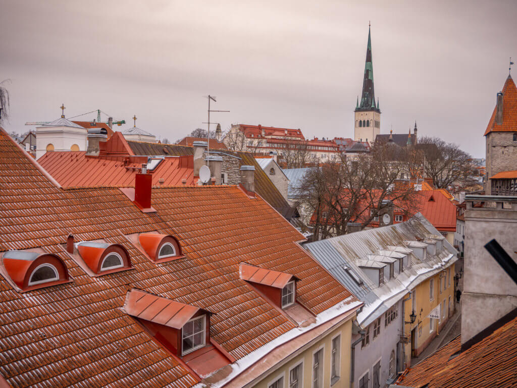 A portrait-oriented photo taken from an elevated perspective overlooking the red-tiled rooftops of Tallinn, Estonia. In the foreground, steep orange-tiled roofs feature several small, arched dormer windows dusted with light snow. Below, a narrow cobblestone street is lined with historic pastel-colored buildings. In the mid-ground, bare winter trees are scattered among the structures. The background is dominated by the tall, slender white tower and dark green spire of St. Olaf’s Church, standing against a flat, overcast grey sky. A stone defensive tower with a conical red roof is partially visible on the far right.