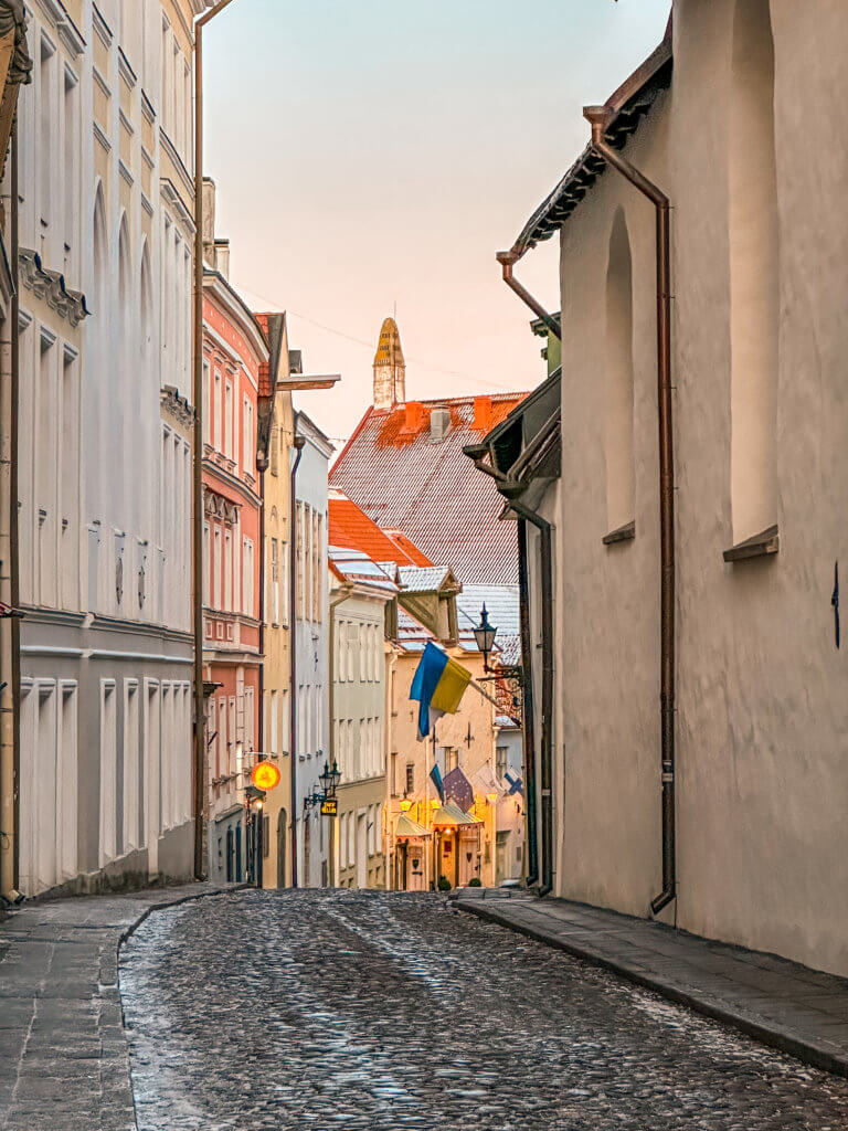 Pastel colour buildings in Tallinn at sunset. A portrait-oriented view looking down a narrow, sloping cobblestone street in Tallinn, Estonia, during twilight. The street is framed by high, historic walls: a long, cream-colored building with slender arched windows on the right and a row of pastel-colored buildings in shades of white, pink, and yellow on the left.
In the center background, a blue and yellow Ukrainian flag hangs prominently from a building, with other smaller flags visible further down the street. The roofs in the distance are covered in a light dusting of snow, and the sky above glows with a soft, pale orange hue from the setting sun. The uneven cobblestones in the foreground appear damp and reflective.