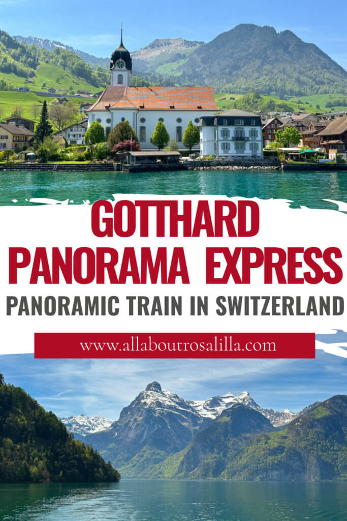 Images of Lake Lucerne with text overlay Gotthard Panorama Express panoramic train in Switzerland