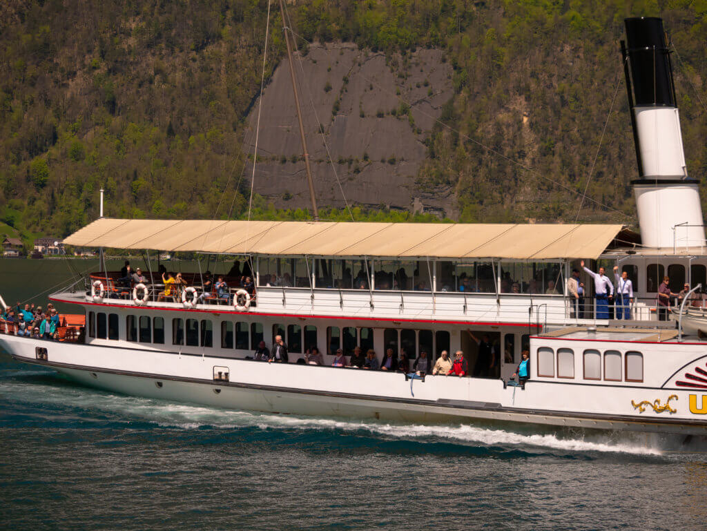 Authentic steamboat on Lake Lucerne. Part of the journey on the Gotthard Panorama Express