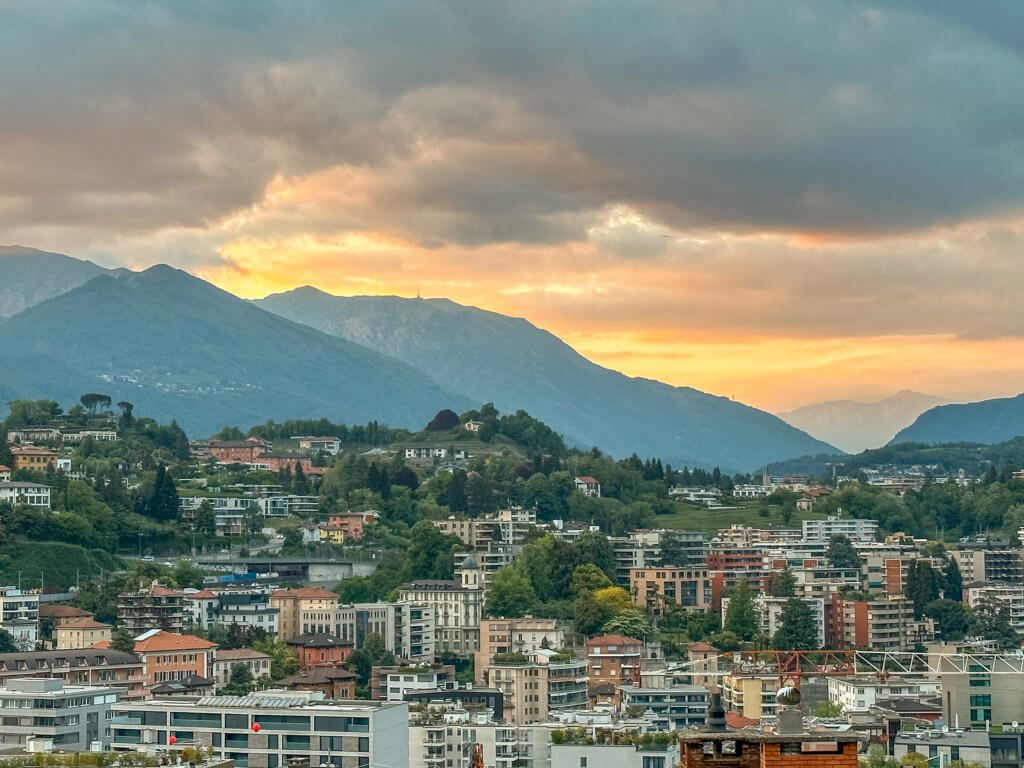 Sunset view of Lake Lugano in Switzerland