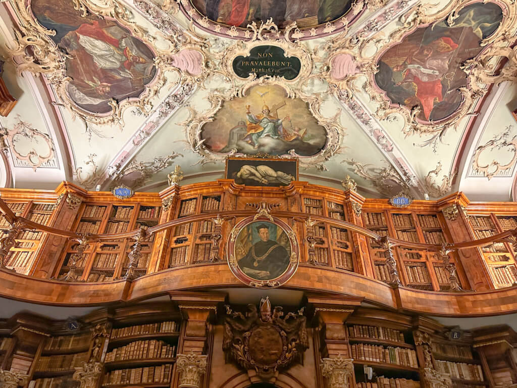 Fresco ceiling in Abbey Library in St. Gallen Switzerland one of the top attractions in St. Gallen.
