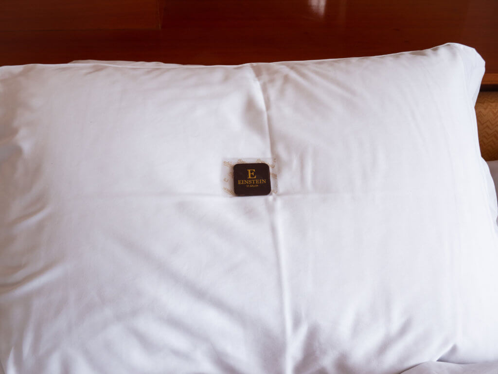 Chocolate on a hotel pillow at the Einstein Hotel in St. Gallen Switzerland.