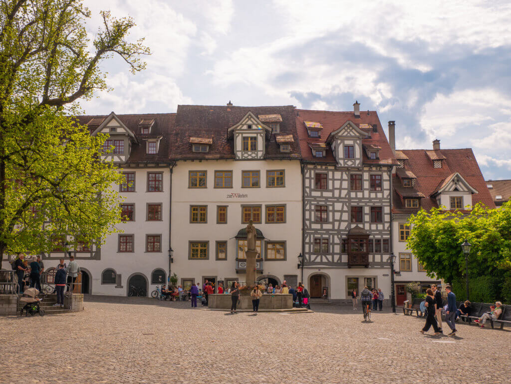 Timber frame buildings surrounding Gallus Square in St. Gallen Old Town
