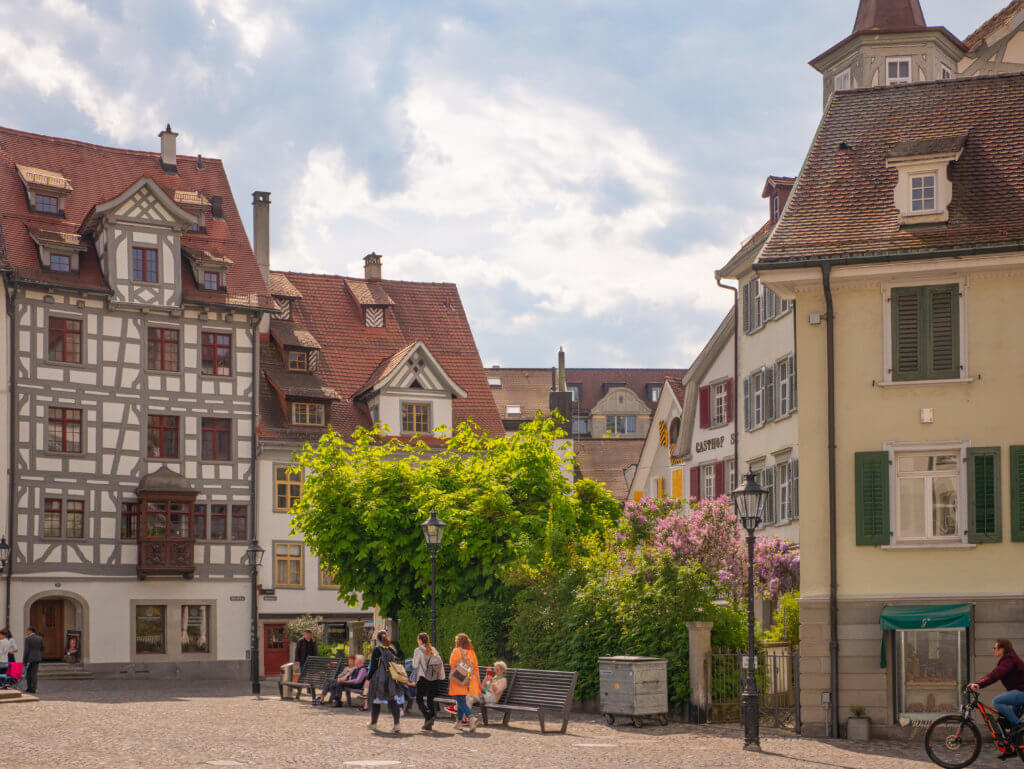 Ornate timber framed buildings at St. Gallus Square in St. Gallen