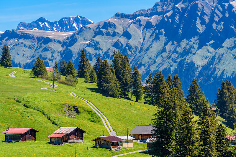 Wooden houses on a Swiss mountain.