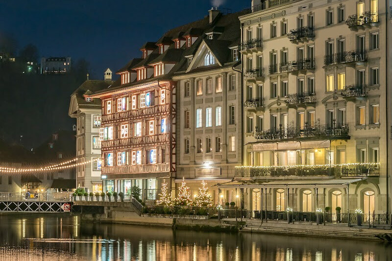 Lucerne city in winter decorated with Christmas lights
