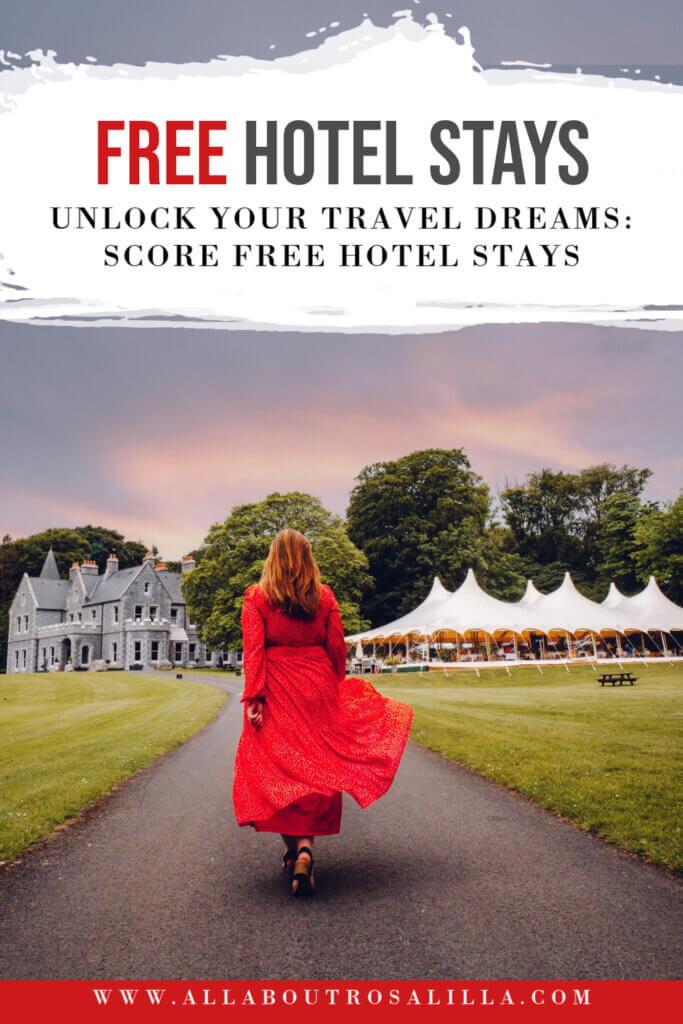 Travel blogger on a hotel collab with text overlay, free hotel stays. Unlock your travel dreams: Score free hotel stays