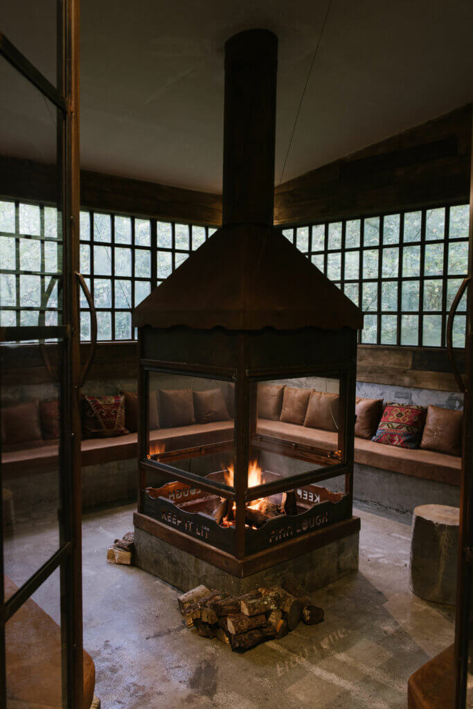 Fire burning in a wood fire stove in Finn Lough in Northern Ireland.