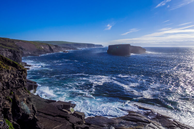 Spectacular panorama of rugged Kilkee Cliffs against the Atlantic Ocean.