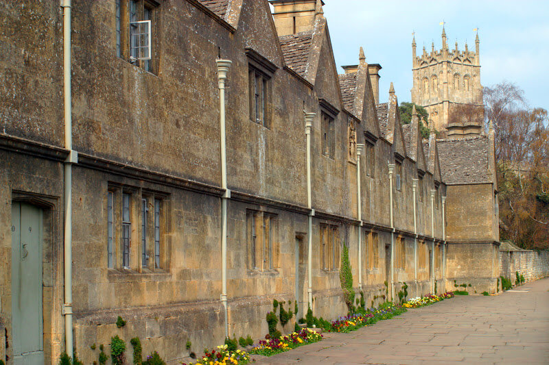 Chipping Campden's quaint atmosphere. A row of stone cottages in this beautiful Cotswolds village.