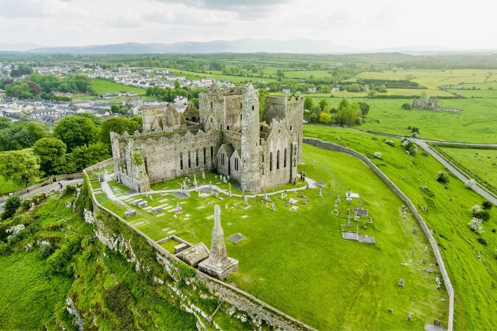 Rock of Cashel with a clear blue sky in the background.