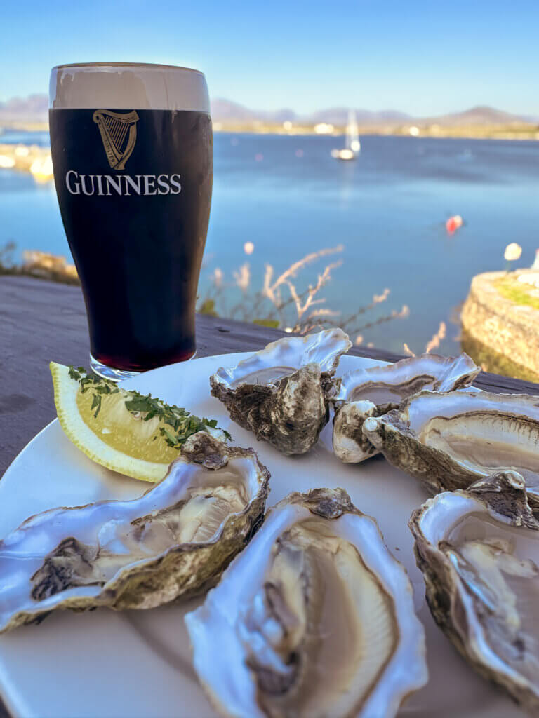 A pint of Guinness and a plate of fresh oysters at O'Dowd's seafood restaurant in Roundstone, Connemara.