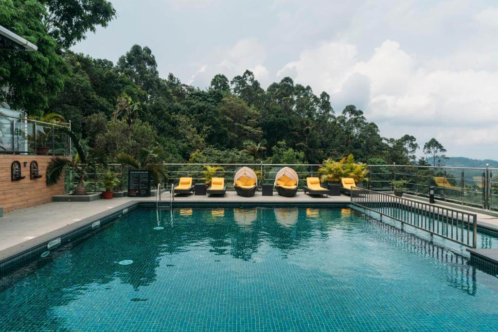 Elegant pool surrounded by lush greenery at a Munnar luxury hotel.