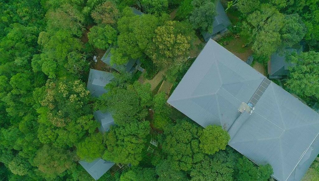 Aerial view of tea plantations surrounding a 5-star hotel in Munnar.