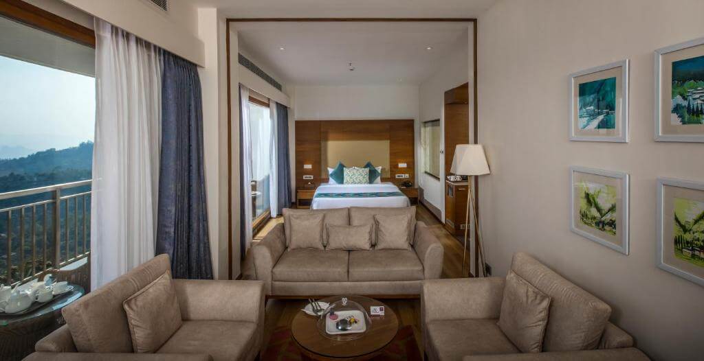 Elegant interior of a luxury suite in Munnar’s top 5-star hotel.