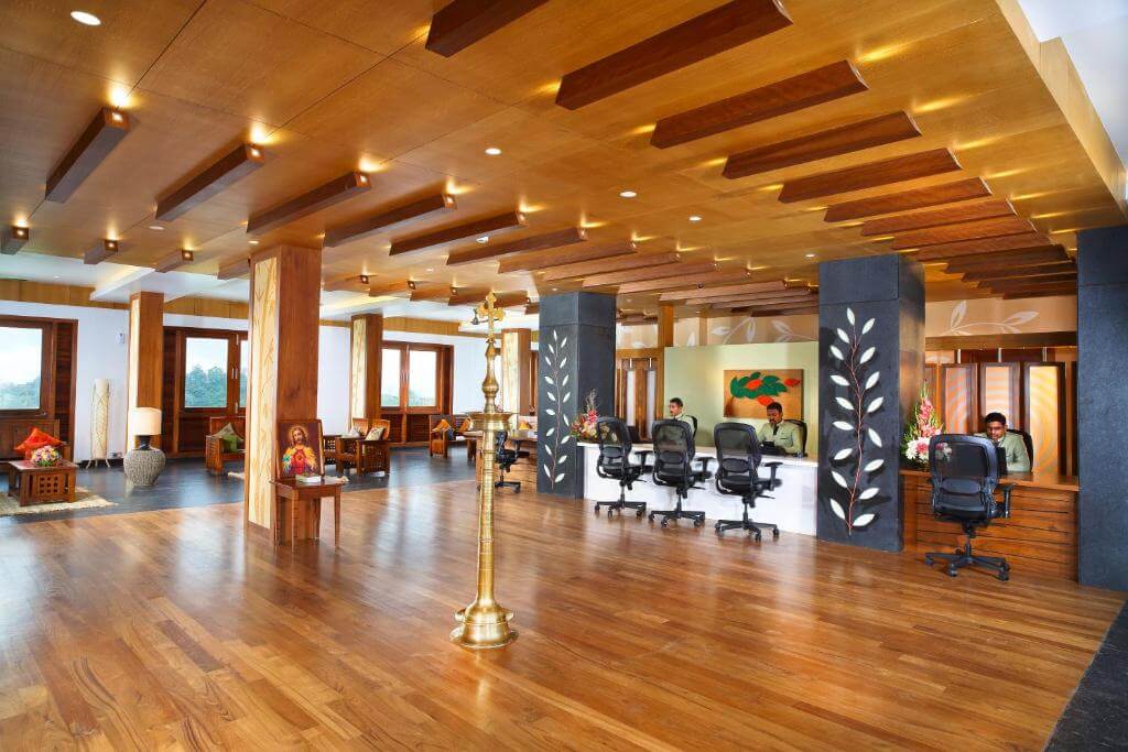 Elegant lobby of Chandy's Windy Woods luxury 5 star hotel in Munnar, Kerala.