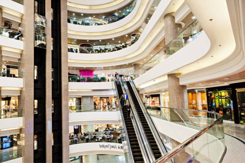 The unique spiral escalators inside MyZeil, offering a futuristic and visually stunning shopping experience.