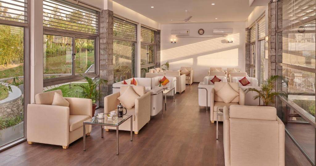 Beautifully designed lobby at a 5-star hotel in Munnar.