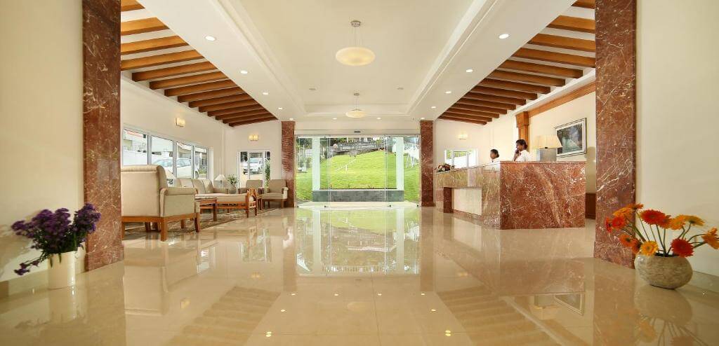 Beautifully designed lobby at a 5-star hotel in Munnar.