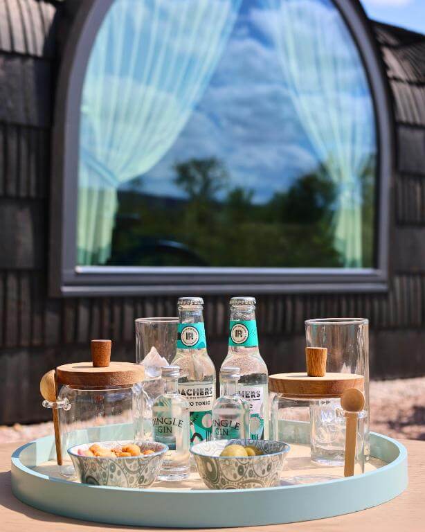 Cocktails set up outside a luxury cabin in Kerry.