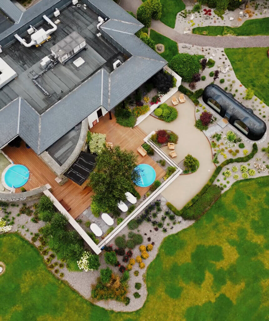 Aerial drone shot of the outdoor hot tubs at Nadur Spa at Ballygarry Estate.