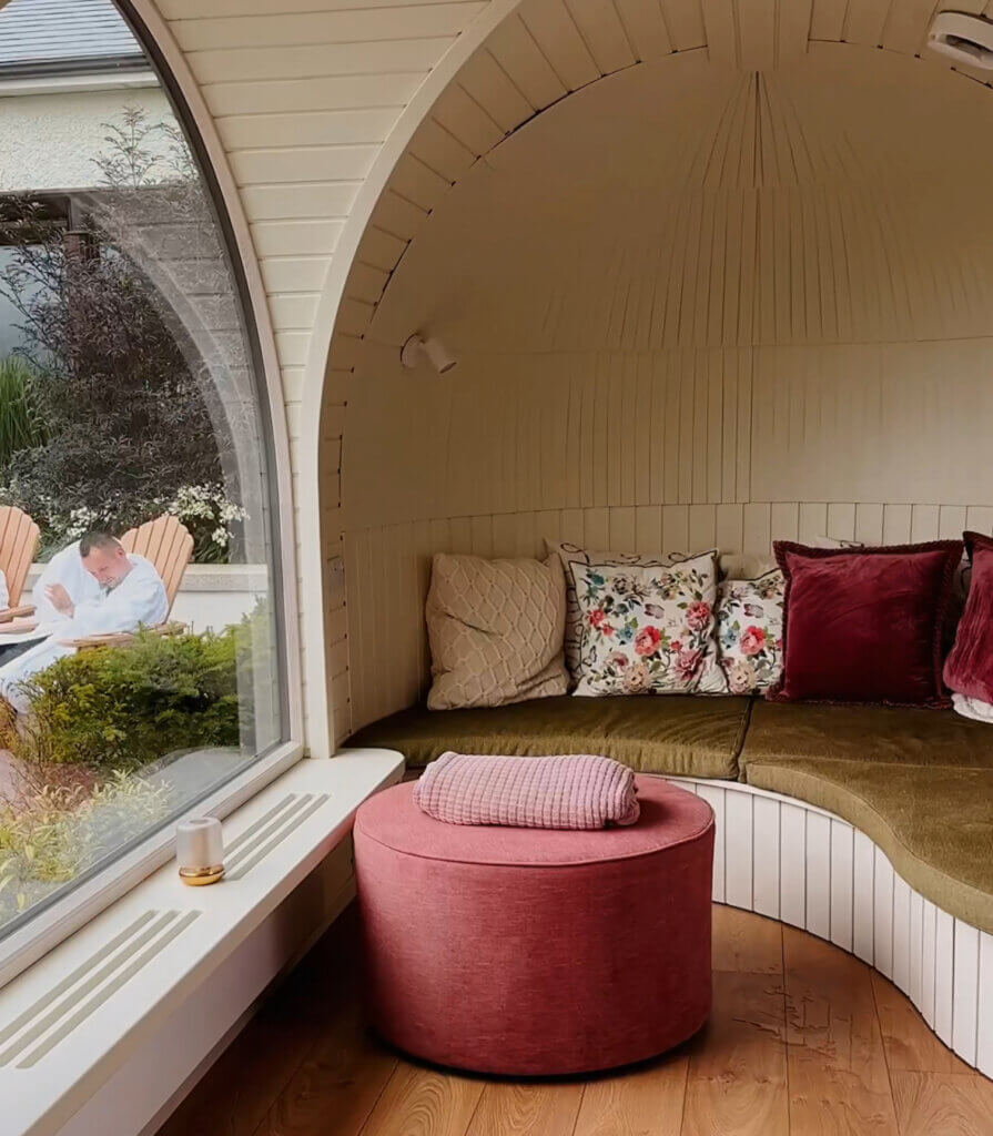 View from inside the relaxation area at Ballygarry Estate, part of a luxury cabin stay in Ireland.