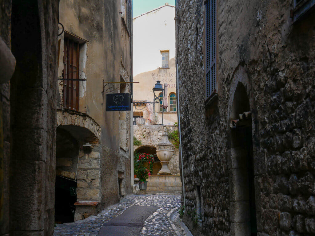 Narrow medieval cobbled street in Saint Paul de Vence