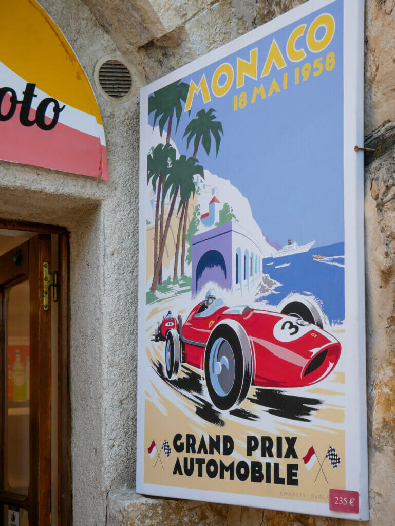 A painting of a Formula 1 car in Monaco on sale in an art gallery in Saint-Paul-de-Vence