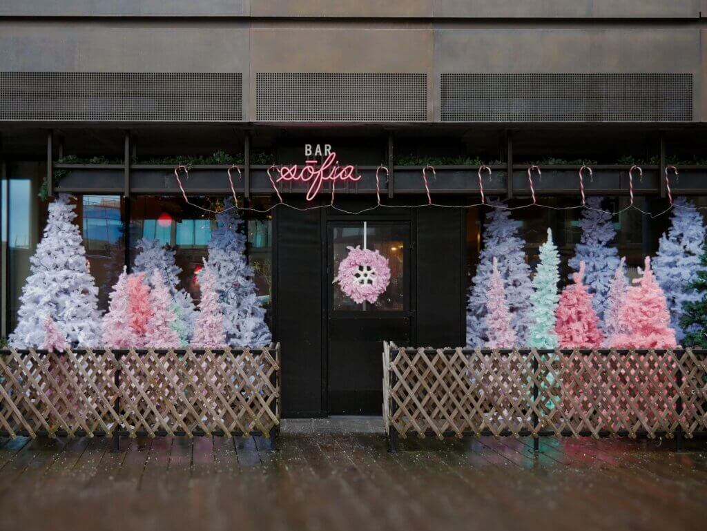 Festive Chriatmas decorations at Bar Sofia in Halifax, Nova Scotia. A Christmas bar in Nova Scotia.