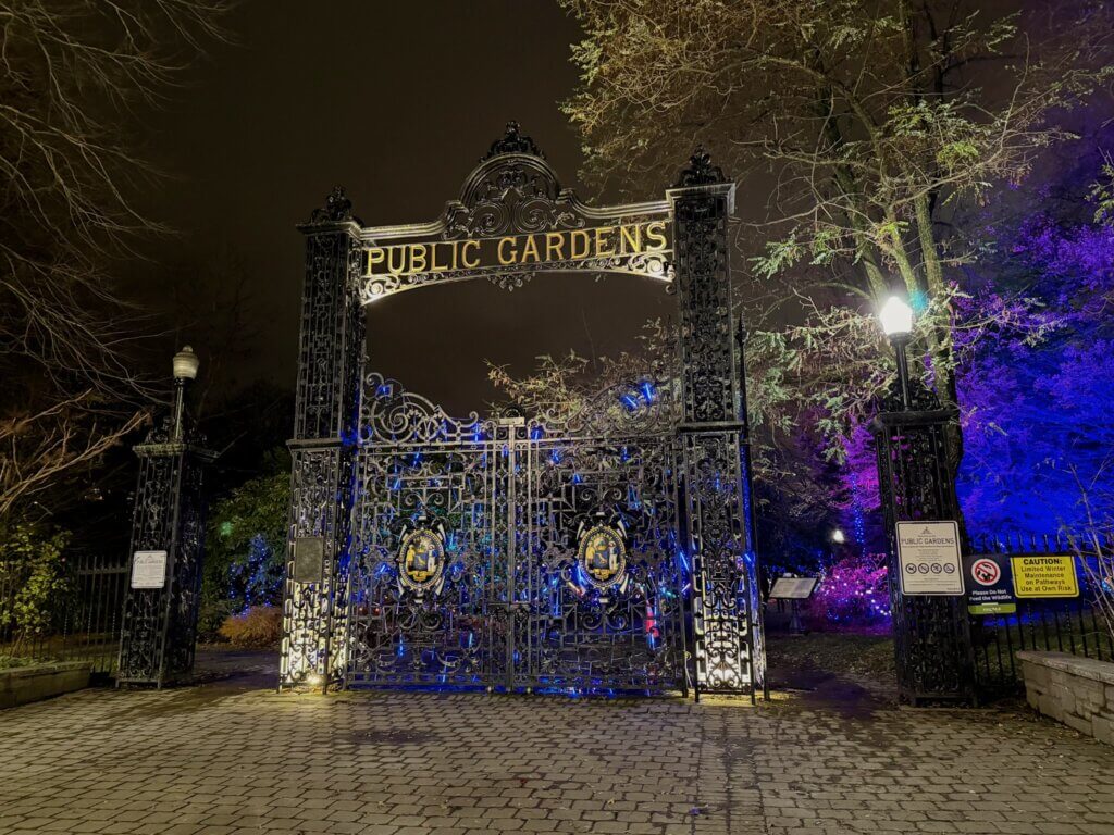 Gates of the Public Gardens in Halifax illuminated at Christmas time.