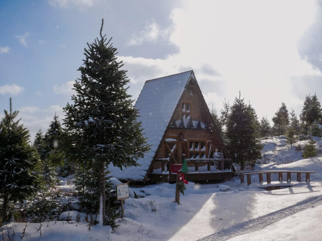 Twig's Chalet in the snow. Located on Ruby's Trail in New Ross, Nova Scotia.