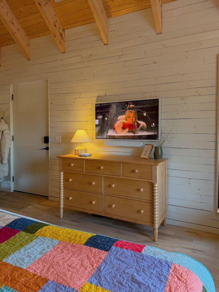 Cosy interior of a cabin at Black Forest Cabins in Mahone Bay, Nova Scotia.