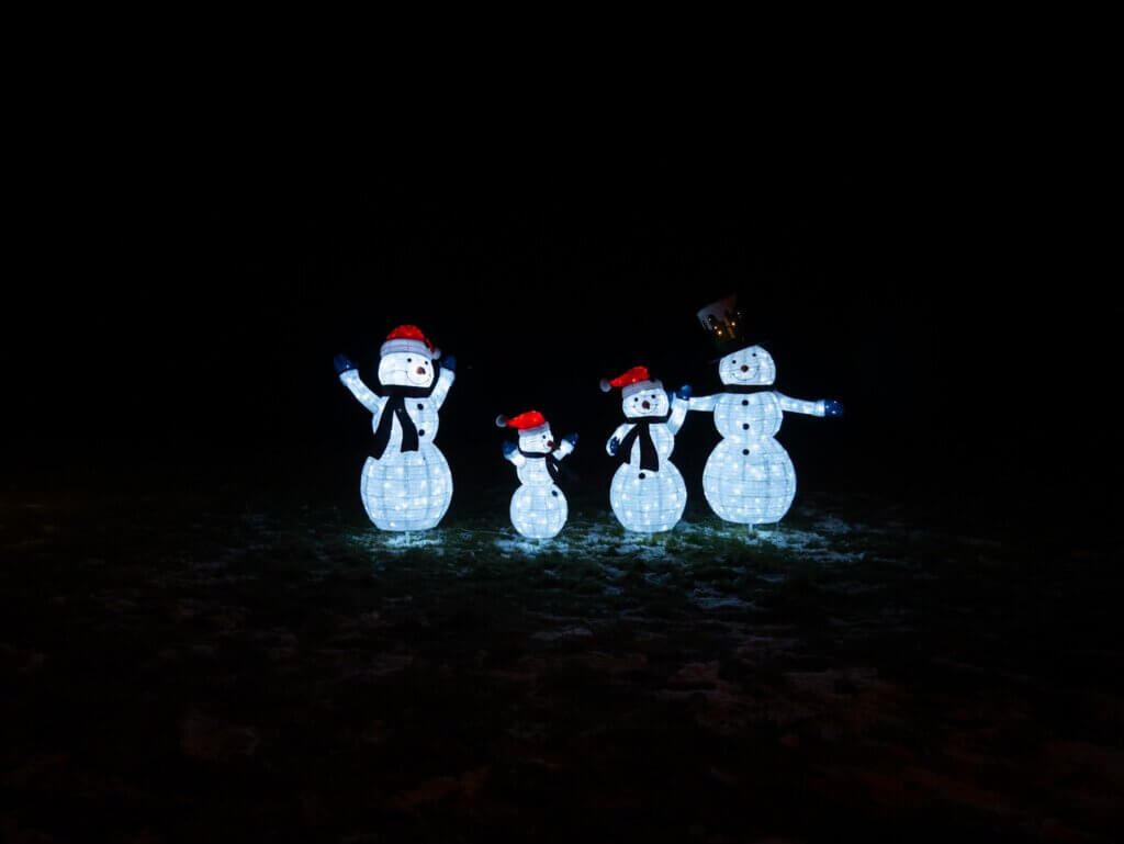 Snowmen light display at Miracle on Dock Street Christmas festival in Shelburne, Nova Scotia.