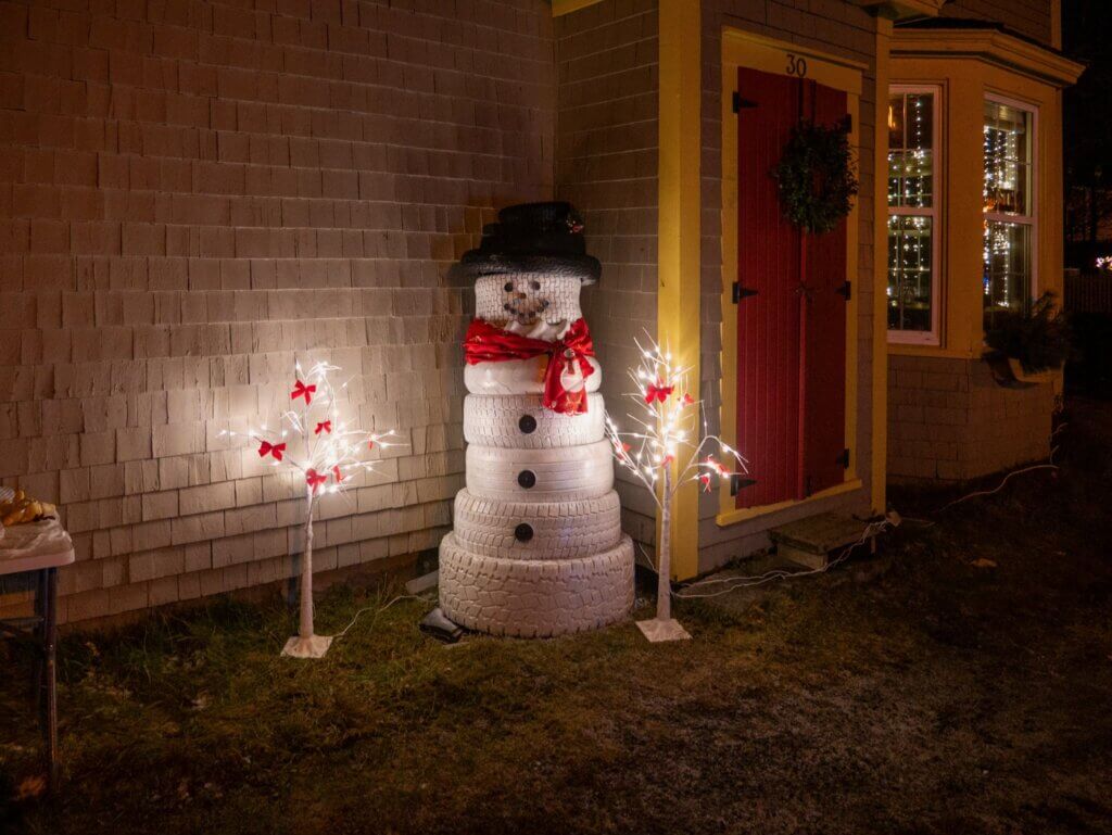 Snowman made out of tyres displayed at the Miracle on Dock Street Christmas festival in Shelburne, Nova Scotia.