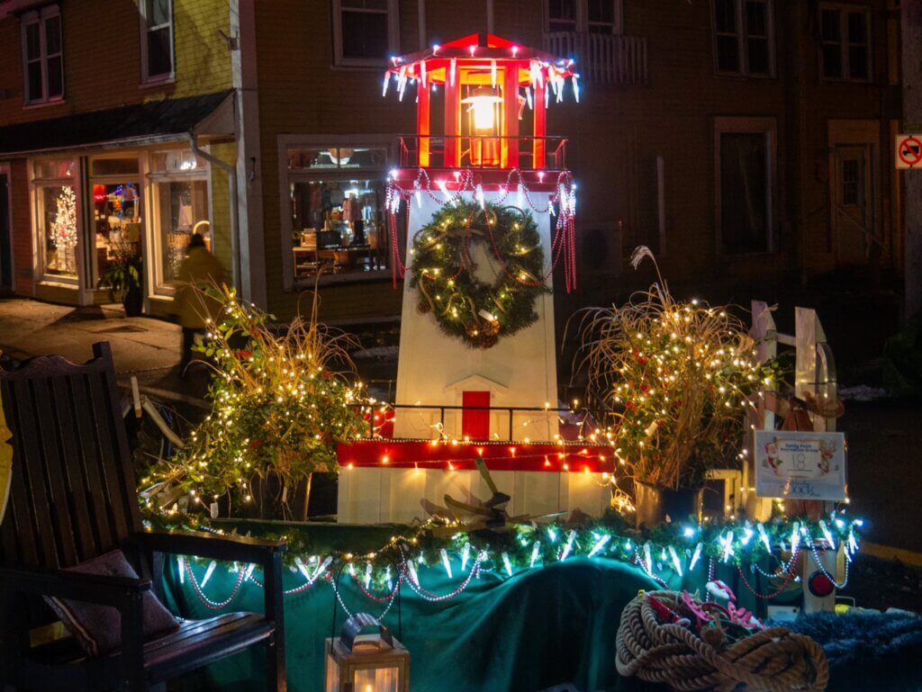 Replica of Sandy Point Lighthouse displayed during the Miracle on Dock Street festivities in Shelburne, Nova Scotia.
